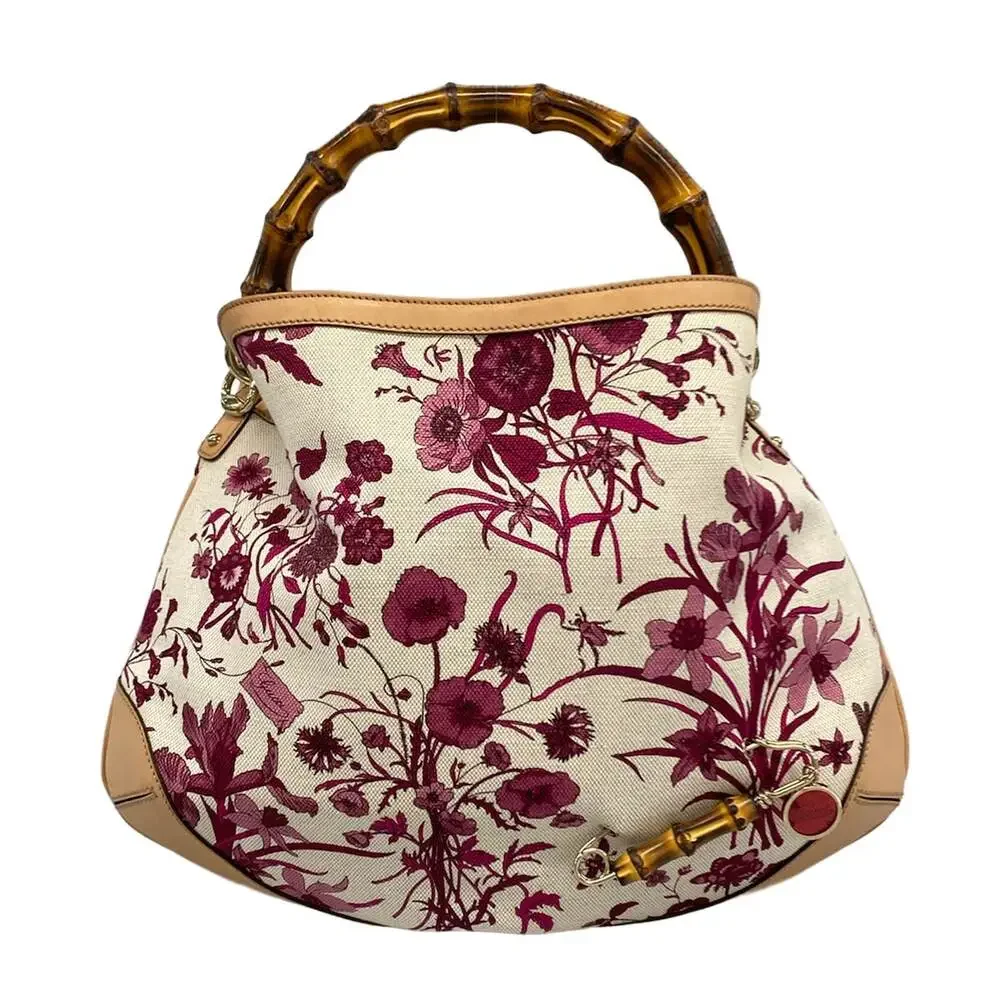Gucci Flora/Bamboo Handbag 169961 Bordeaux Cream Beige Canvas Leather